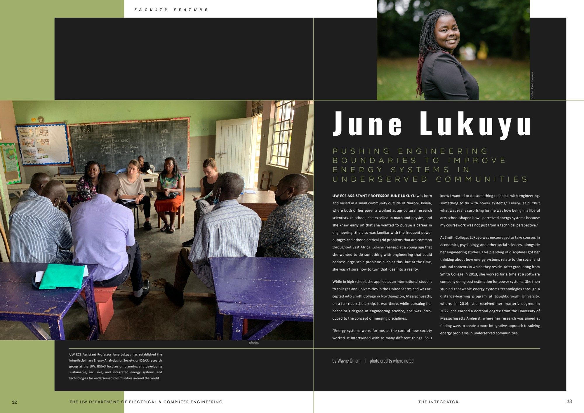 Opening magazine spread featuring June Lukuyu and community-based energy research